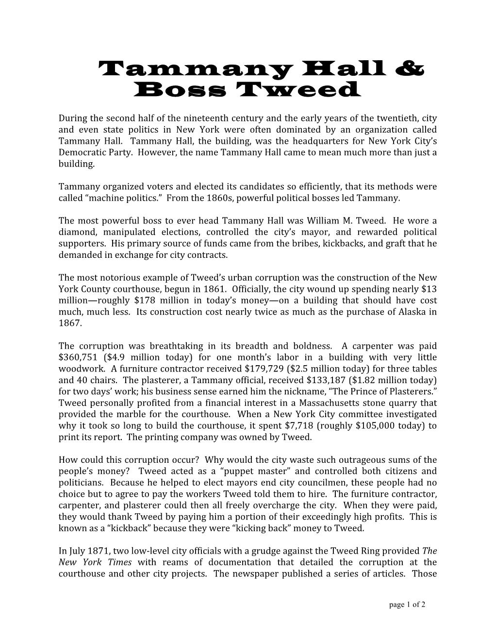 Boss Tweed Reading