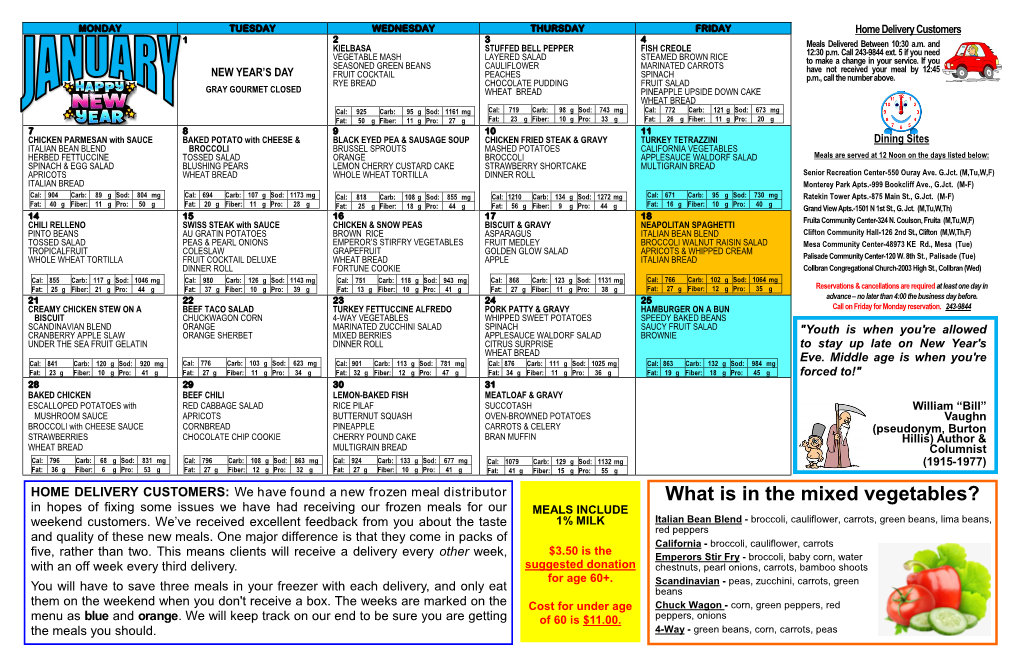 What Is in the Mixed Vegetables? in Hopes of Fixing Some Issues We Have Had Receiving Our Frozen Meals for Our MEALS INCLUDE Weekend Customers