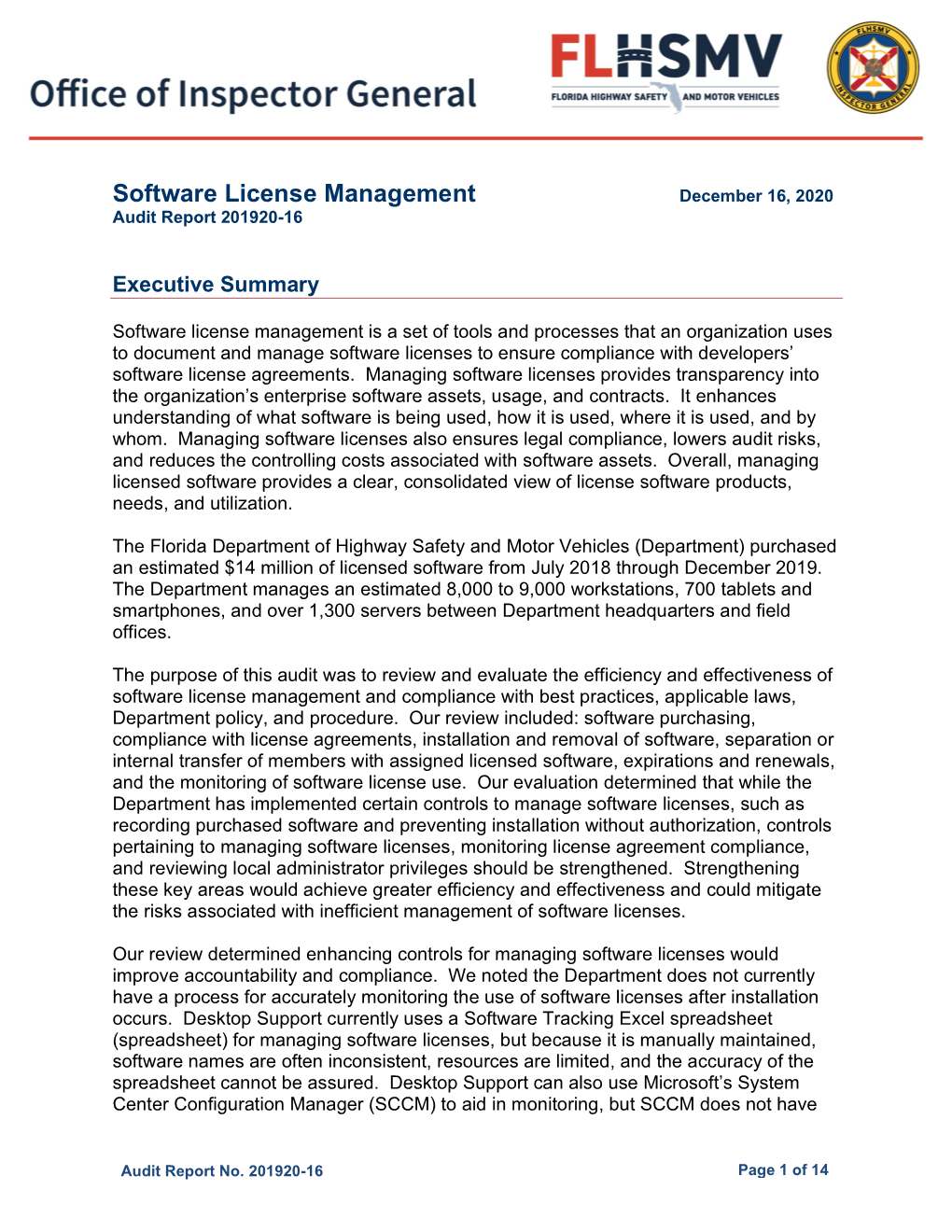 Software License Management December 16, 2020 Audit Report 201920-16