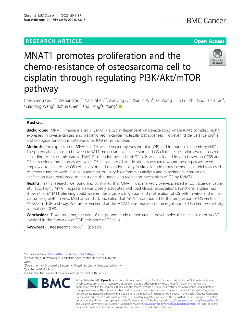 MNAT1 Promotes Proliferation and the Chemo-Resistance of Osteosarcoma Cell to Cisplatin Through Regulating PI3K/Akt/Mtor Pathway
