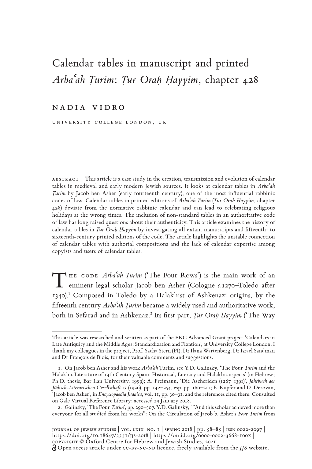 Calendar Tables in Manuscript and Printed Arbaʿah Ṭurim: Ṭur Oraḥ Ḥayyim, Chapter 428 Nadia Vidro University College London, UK