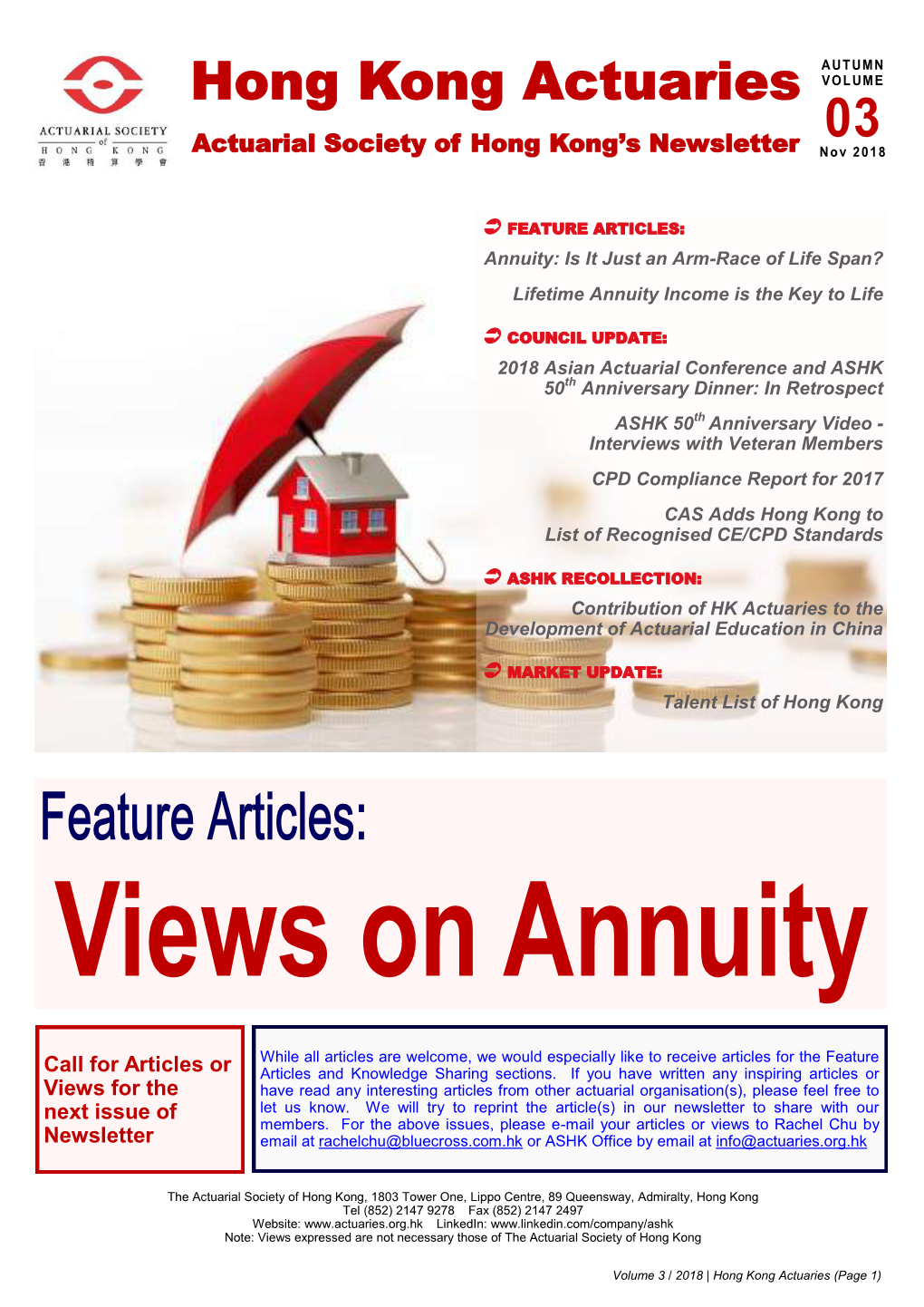 Hong Kong Actuaries Actuarial Society of Hong Kong’S Newsletter