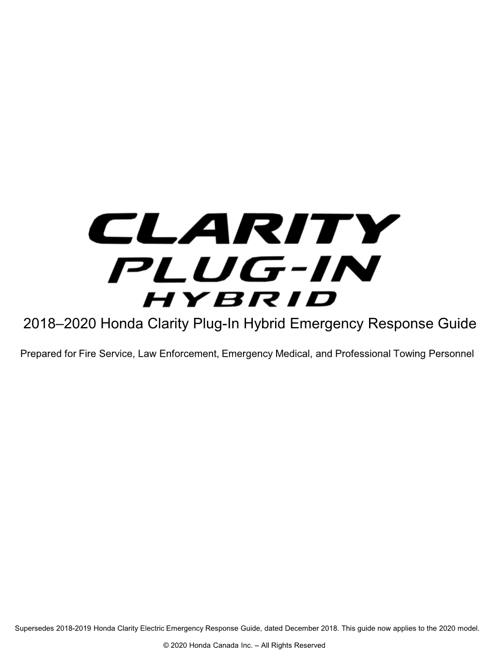 2018–2020 Honda Clarity Plug-In Hybrid Emergency Response Guide