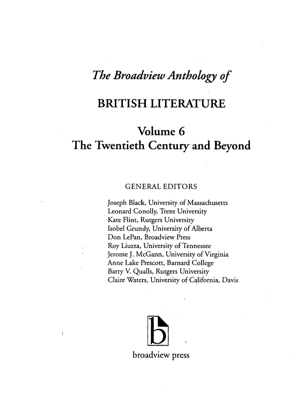 The Broadview Anthology of BRITISH LITERATURE Volume 6 The