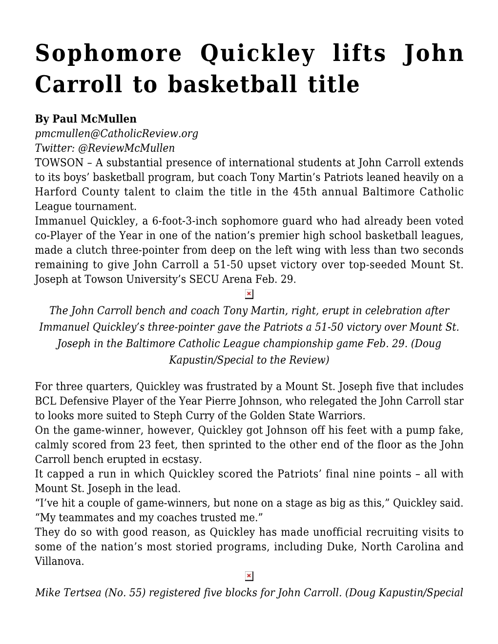 Sophomore Quickley Lifts John Carroll to Basketball Title