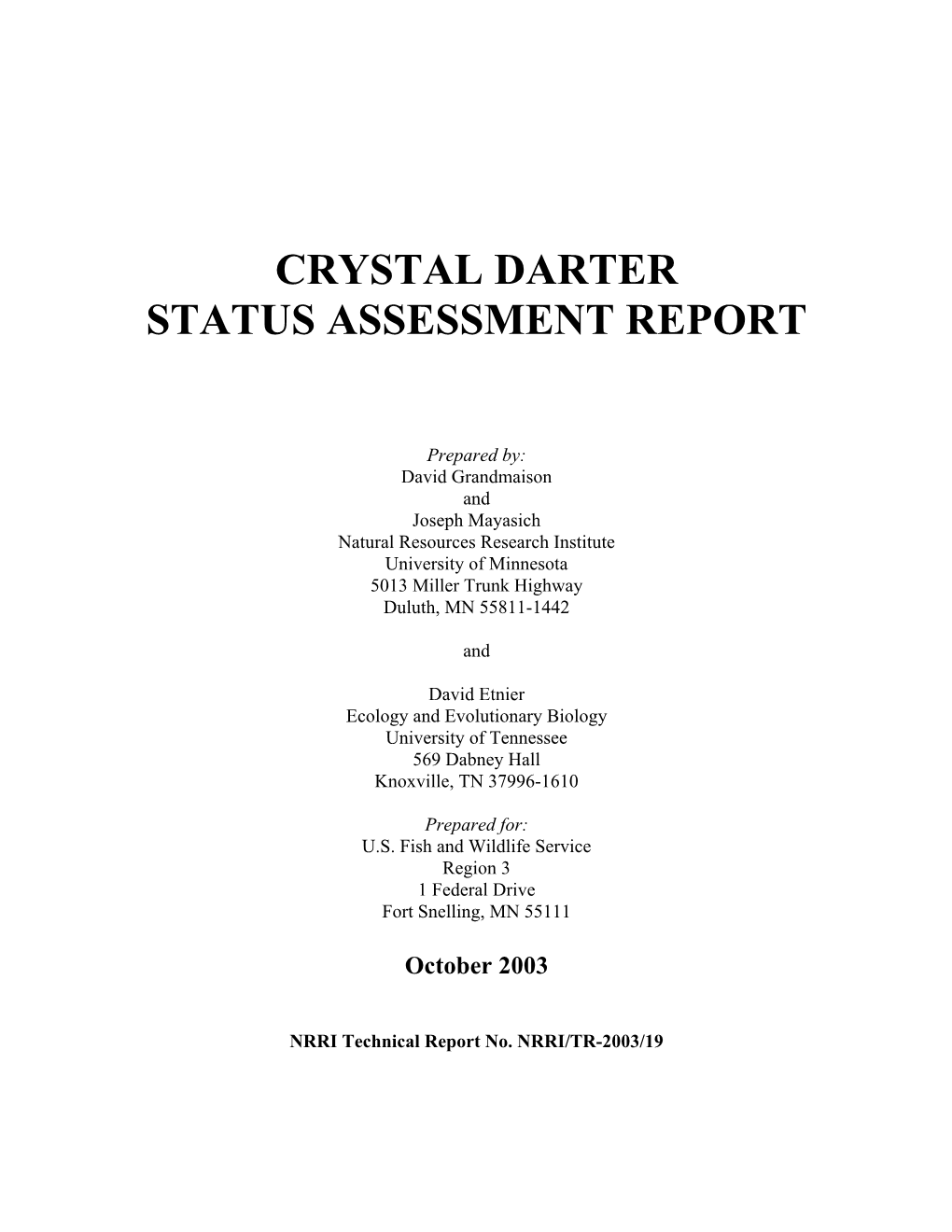 Crystal Darter Status Assessment Report