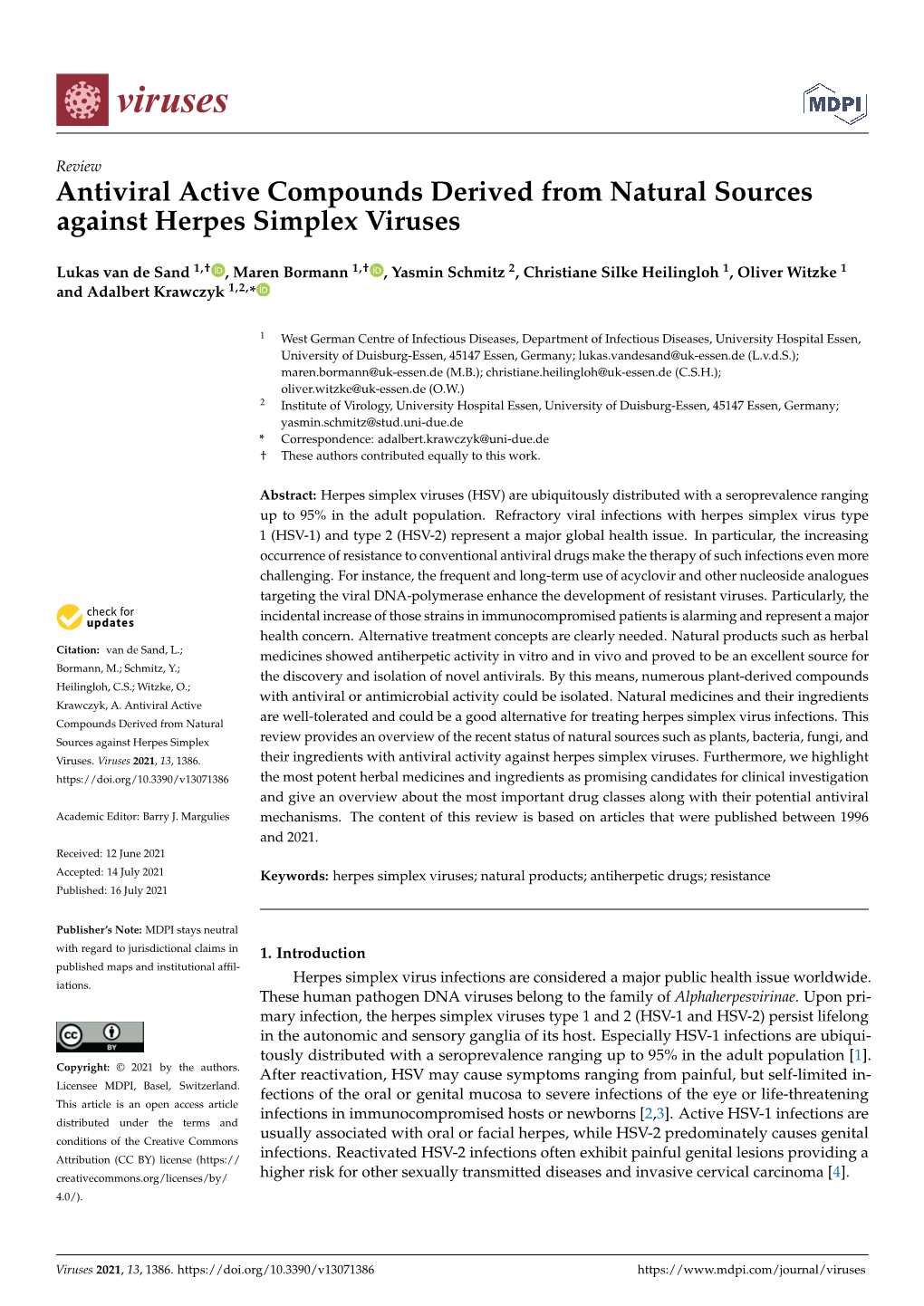 Antiviral Active Compounds Derived from Natural Sources Against Herpes Simplex Viruses