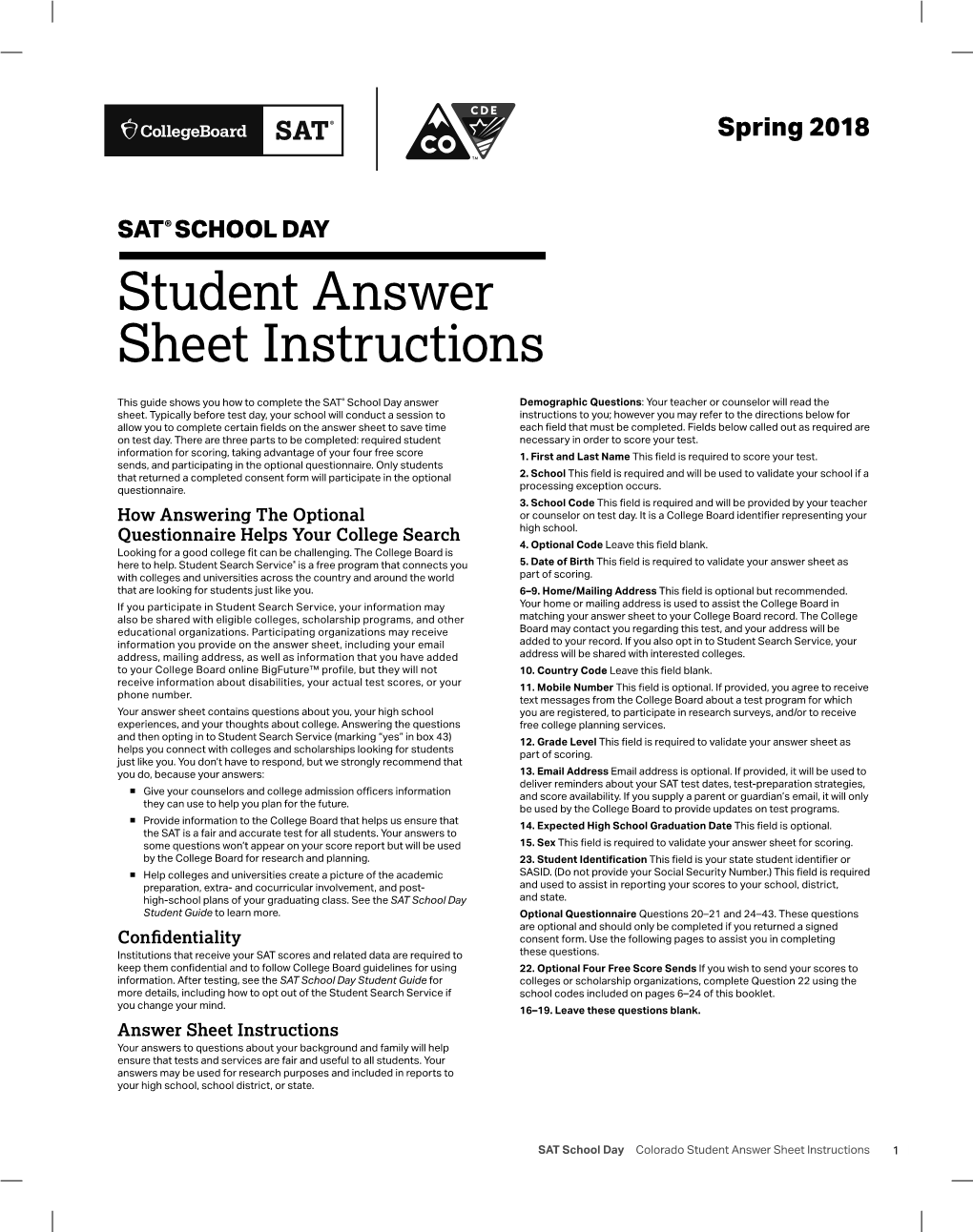 Student Answer Sheet Instructions