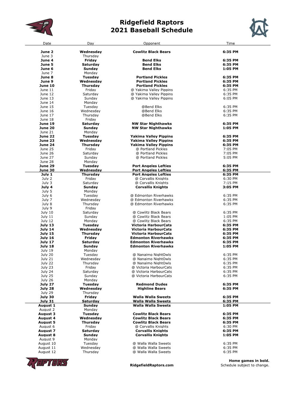 2021 Ridgefield Raptors Schedule REV011221