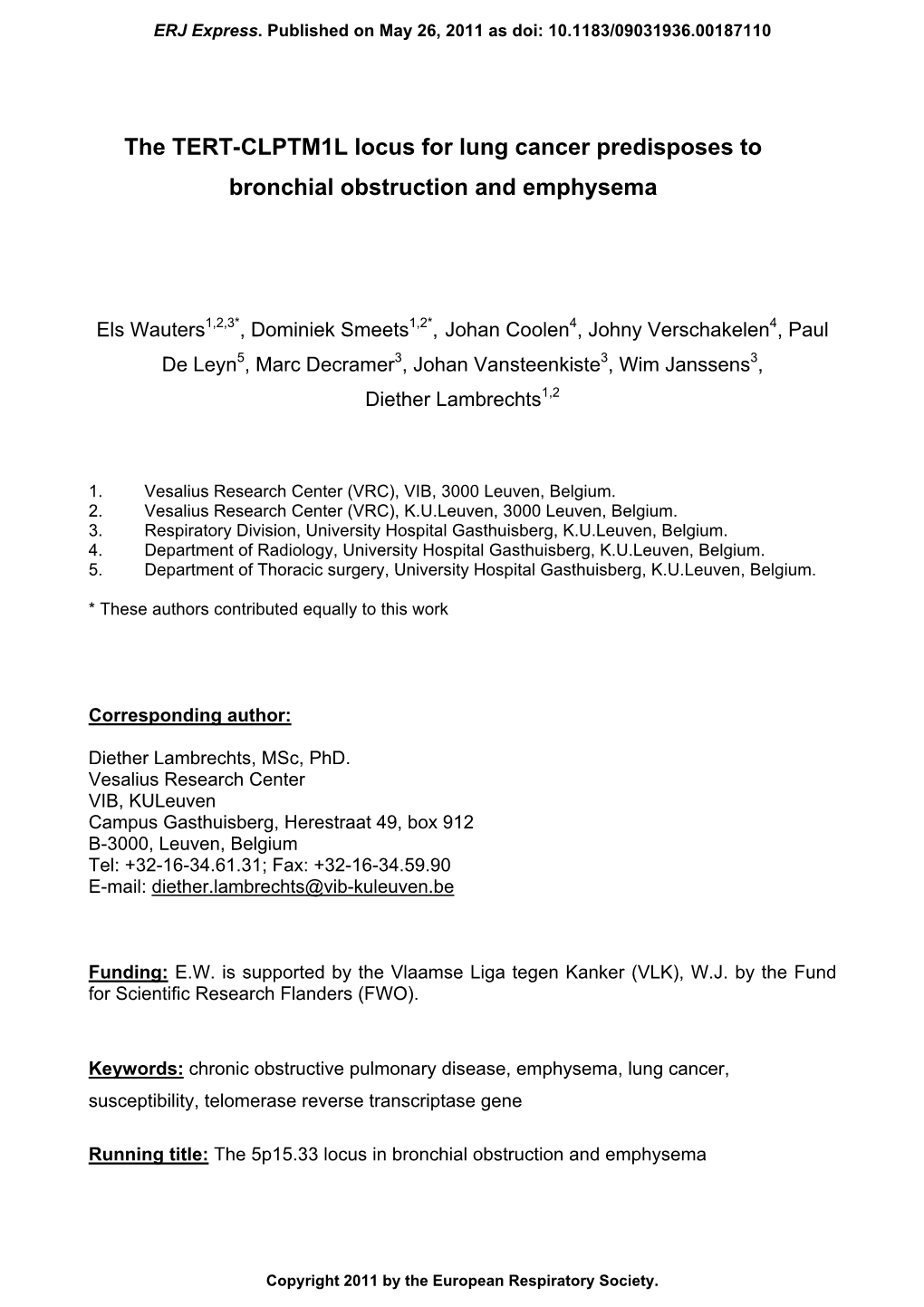 The TERT-CLPTM1L Locus for Lung Cancer Predisposes to Bronchial Obstruction and Emphysema