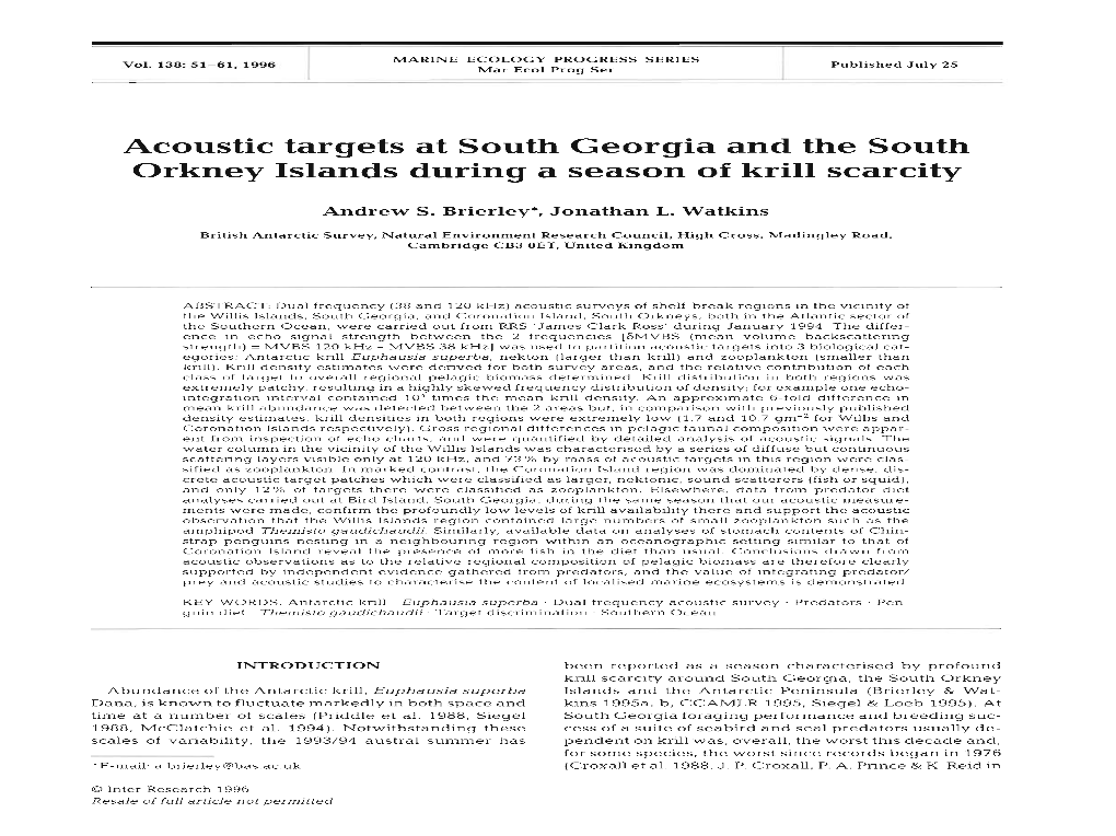 Acoustic Targets at South Georgia and the South Orkney Islands During a Season of Krill Scarcity