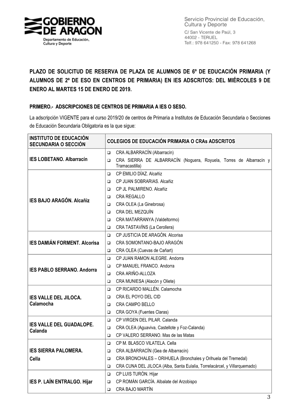 Y Alumnos De 2º De Eso En Centros De Primaria) En Ies Adscritos: Del Miércoles 9 De Enero Al Martes 15 De Enero De 2019