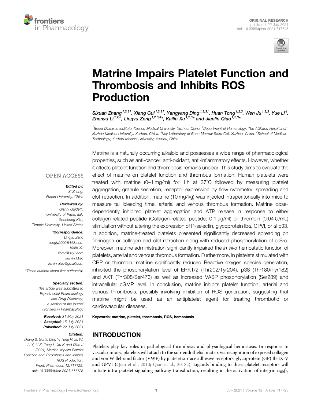 Matrine Impairs Platelet Function and Thrombosis and Inhibits ROS Production