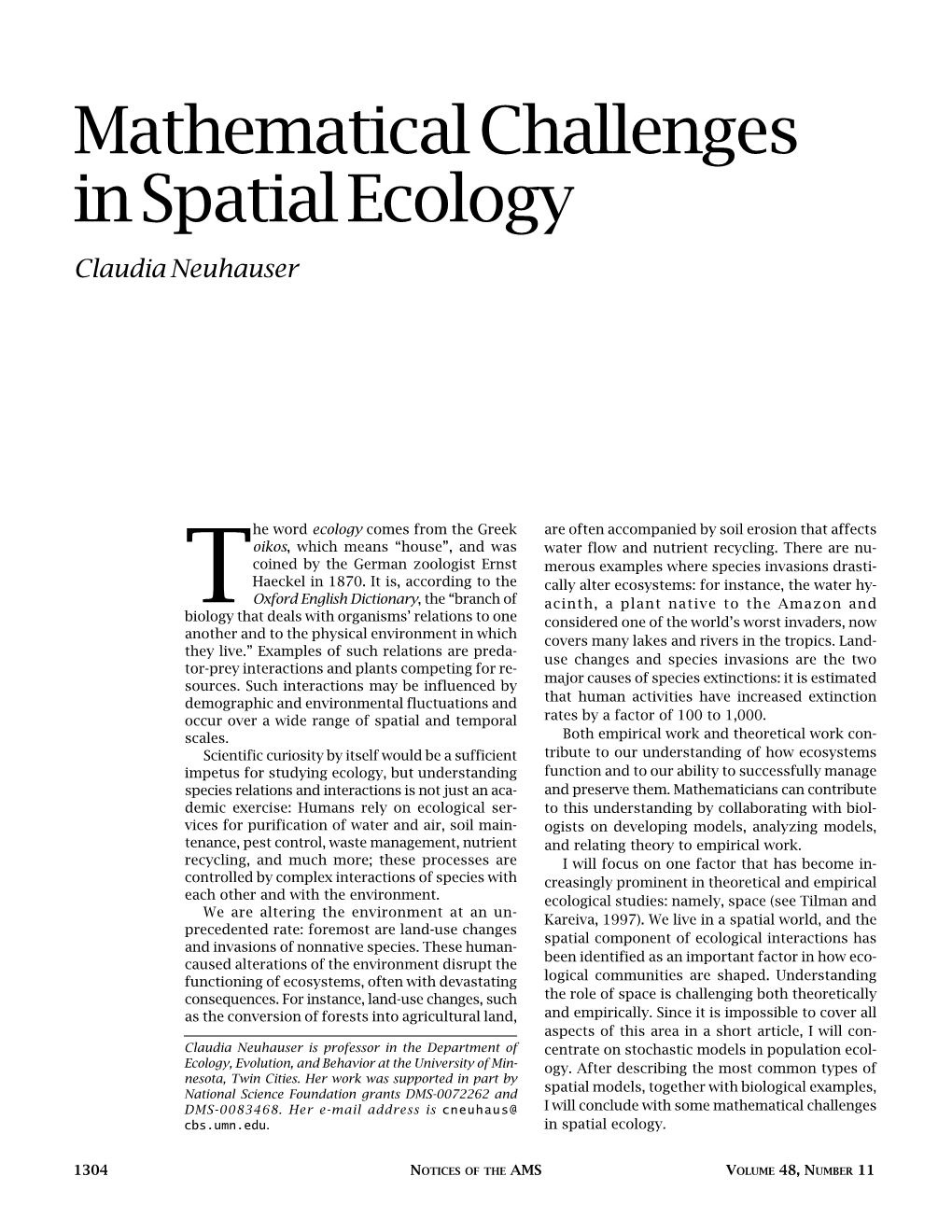 Mathematical Challenges in Spatial Ecology, Volume 48, Number 11
