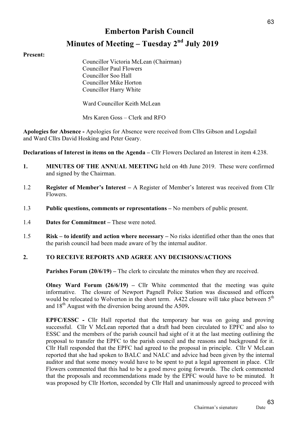 Emberton Parish Council Minutes of Meeting – Tuesday 2Nd July 2019