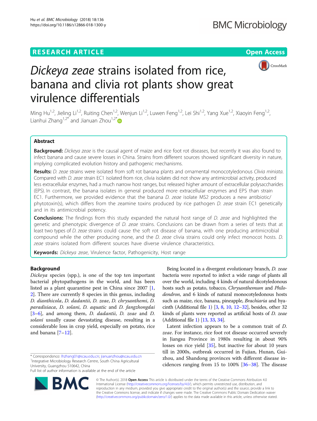 Dickeya Zeae Strains Isolated from Rice, Banana and Clivia Rot Plants Show