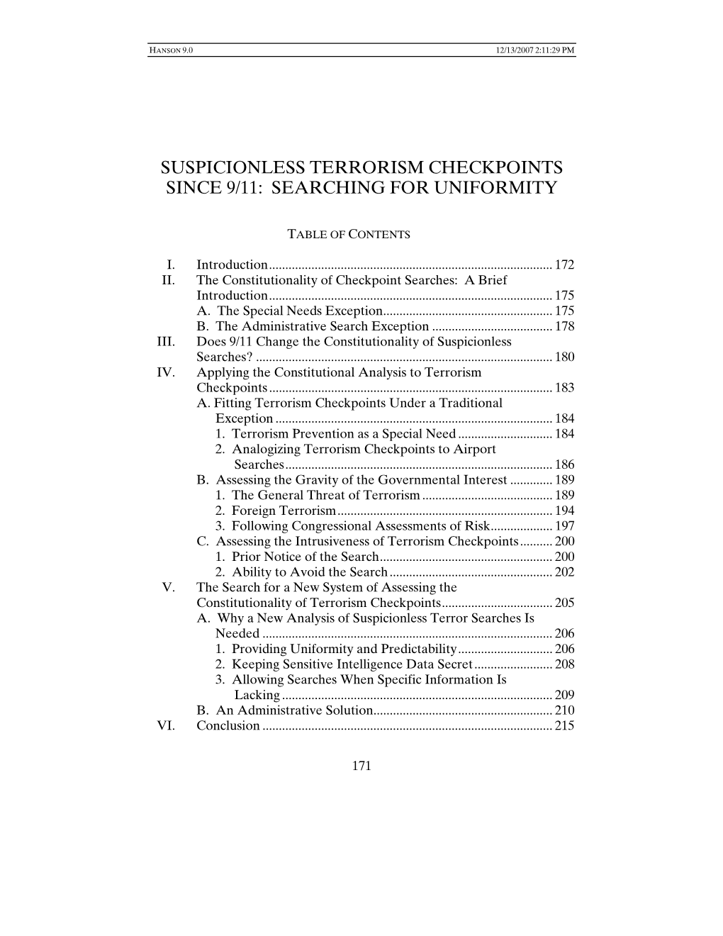 Suspicionless Terrorism Checkpoints Since 9/11: Searching for Uniformity