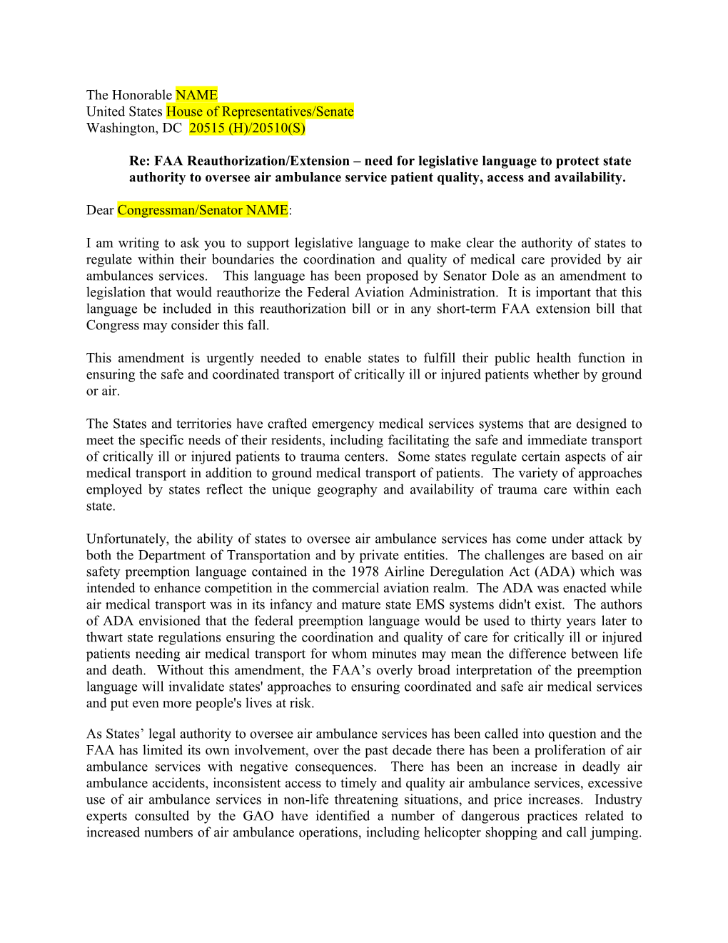 I Am Writing to Ask for Your Support for a Change to the Airline Deregulation Act of 1978