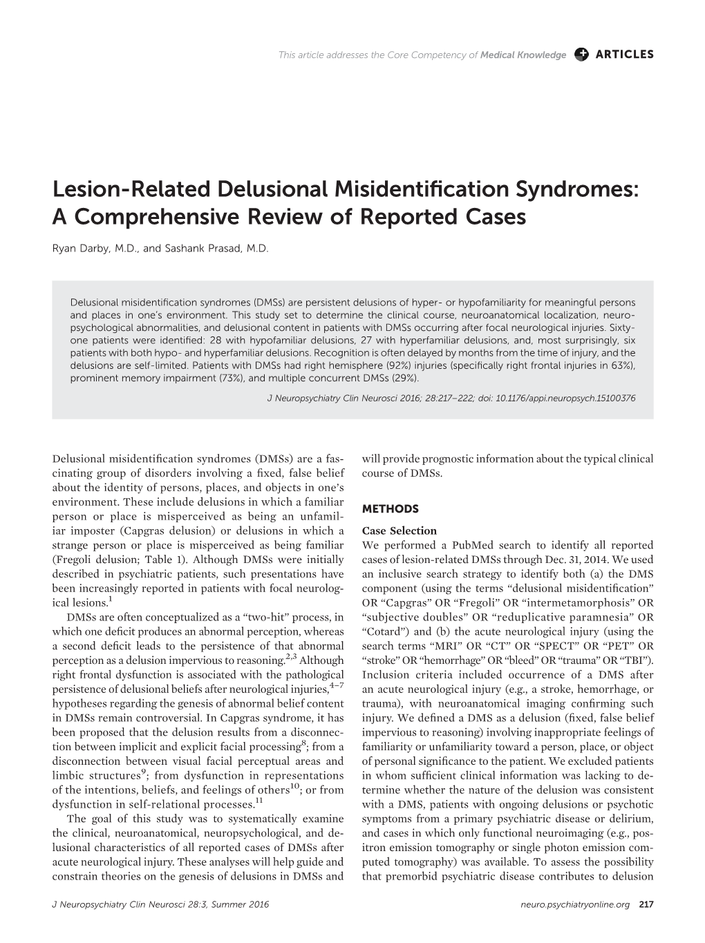 Lesion-Related Delusional Misidentification Syndromes