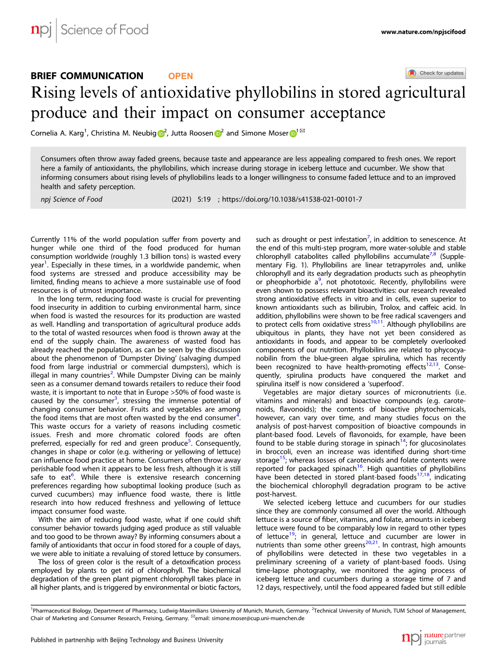 Rising Levels of Antioxidative Phyllobilins in Stored Agricultural Produce and Their Impact on Consumer Acceptance ✉ Cornelia A
