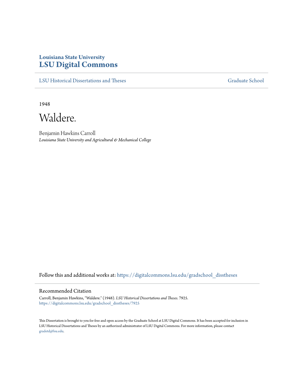 Waldere. Benjamin Hawkins Carroll Louisiana State University and Agricultural & Mechanical College