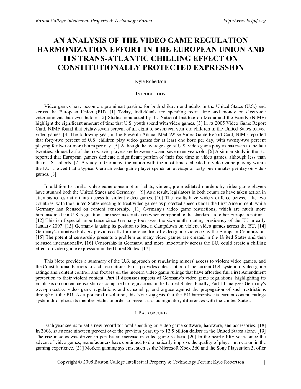 An Analysis of the Video Game Regulation Harmonization Effort in the European Union and Its Trans-Atlantic Chilling Effect on Constitutionally Protected Expression