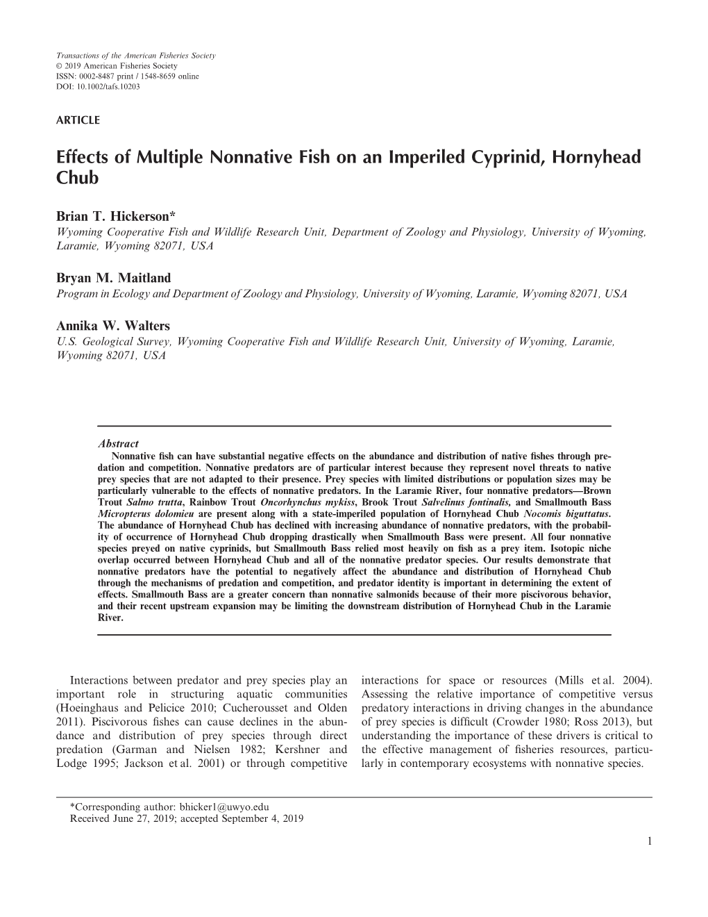 Effects of Multiple Nonnative Fish on an Imperiled Cyprinid, Hornyhead Chub