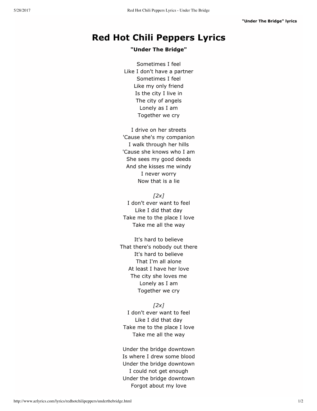 Red Hot Chili Peppers Lyrics - Under the Bridge