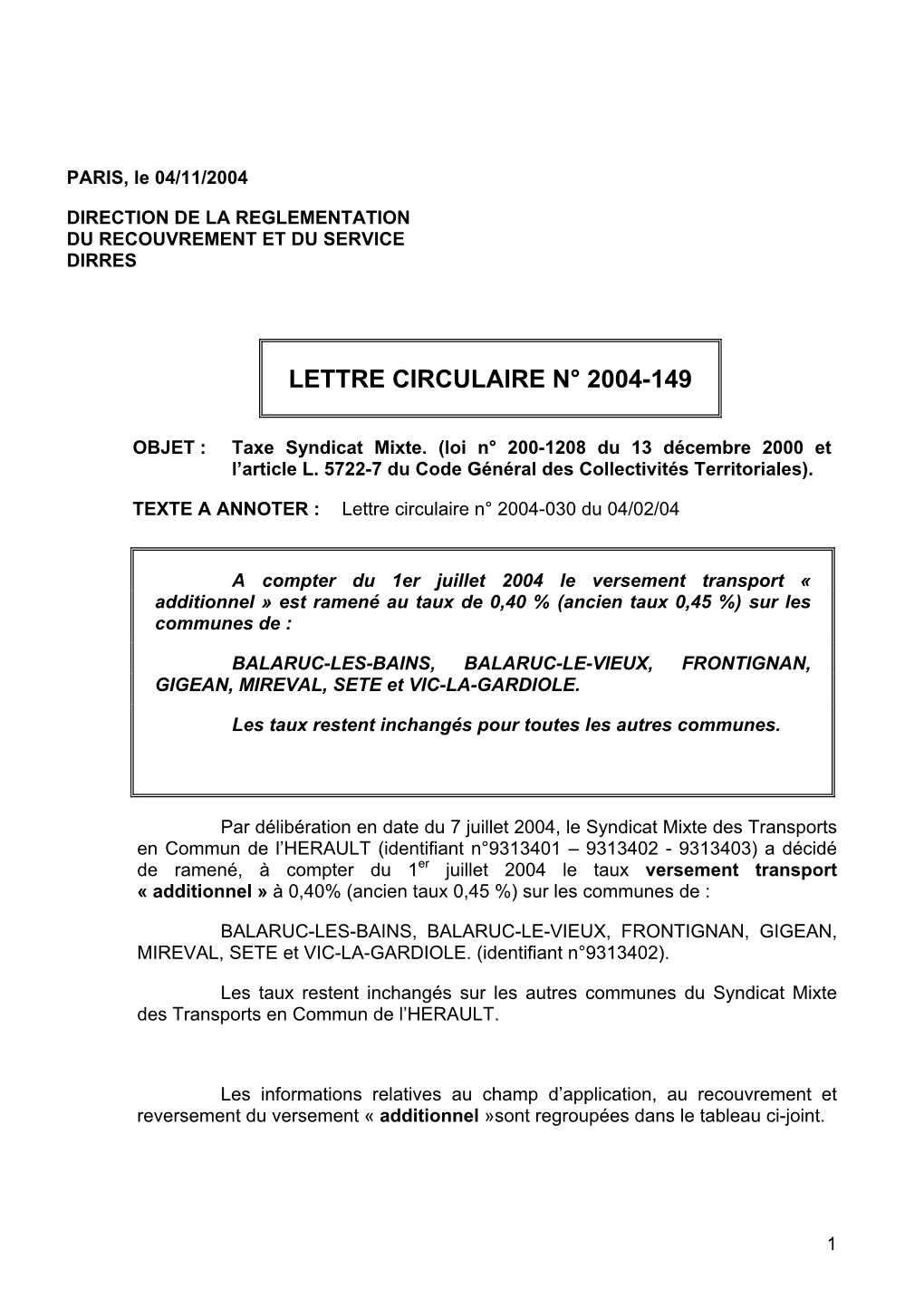 Lettre Circulaire N° 2004-149