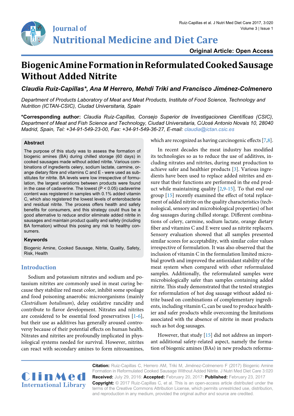 Biogenic Amine Formation in Reformulated Cooked Sausage