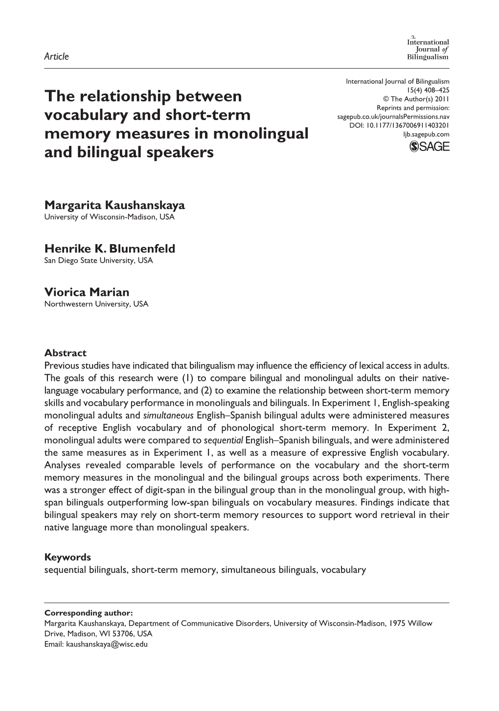 The Relationship Between Vocabulary and Short-Term Memory Measures