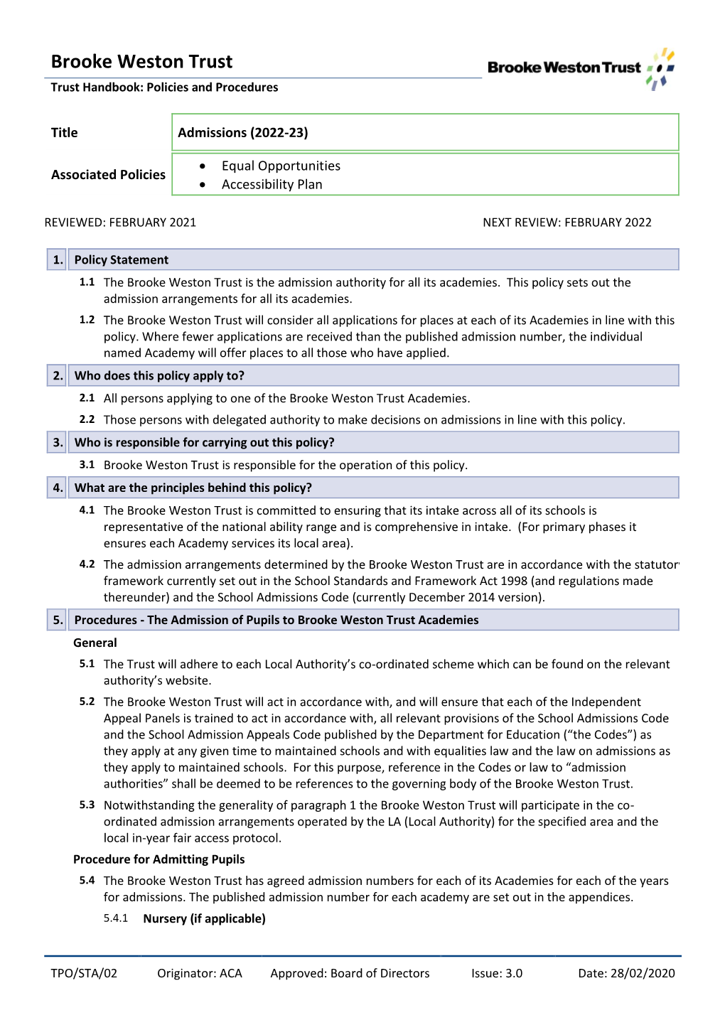 Brooke Weston Trust Trust Handbook: Policies and Procedures