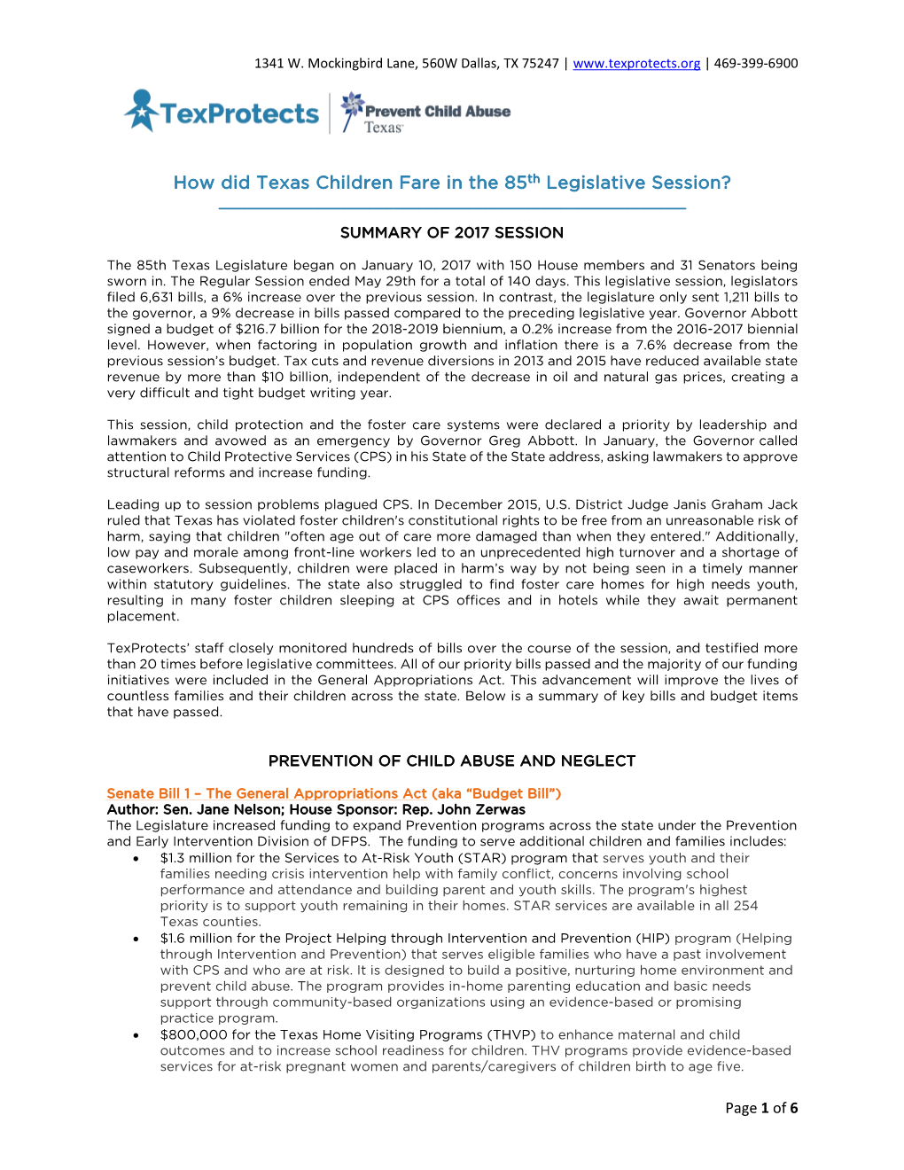 How Did Texas Children Fare in the 85Th Legislative Session? ______