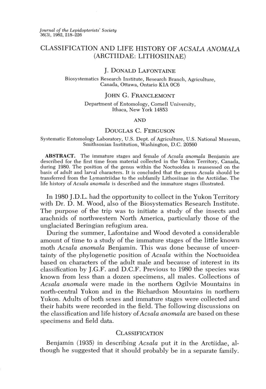 Classification and Life History of Acsala Anomala (Arctiidae: Lithosiinae)