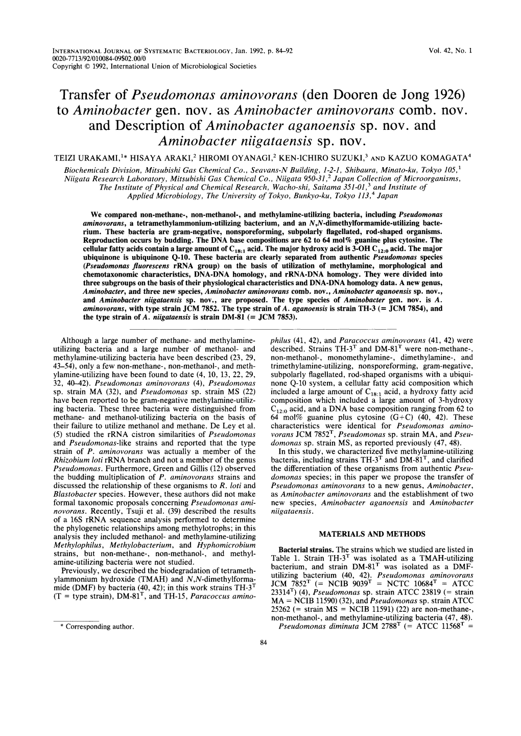 Transfer of Pseudomonas Aminovorans (Den Dooren De Jong 1926) to Aminobacter Gen