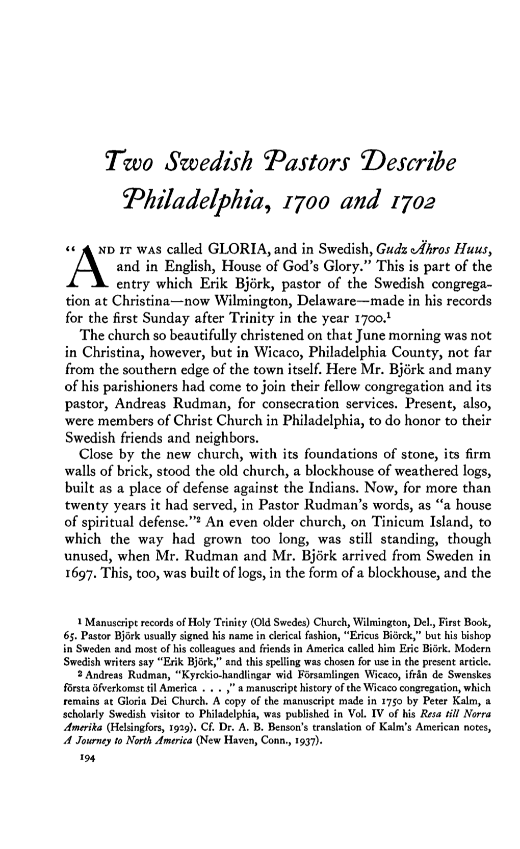 Two Swedish 'Pastors T)Escribe Philadelphia, 1700 and 1702