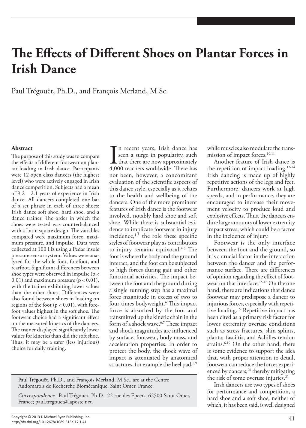 The Effects of Different Shoes on Plantar Forces in Irish Dance