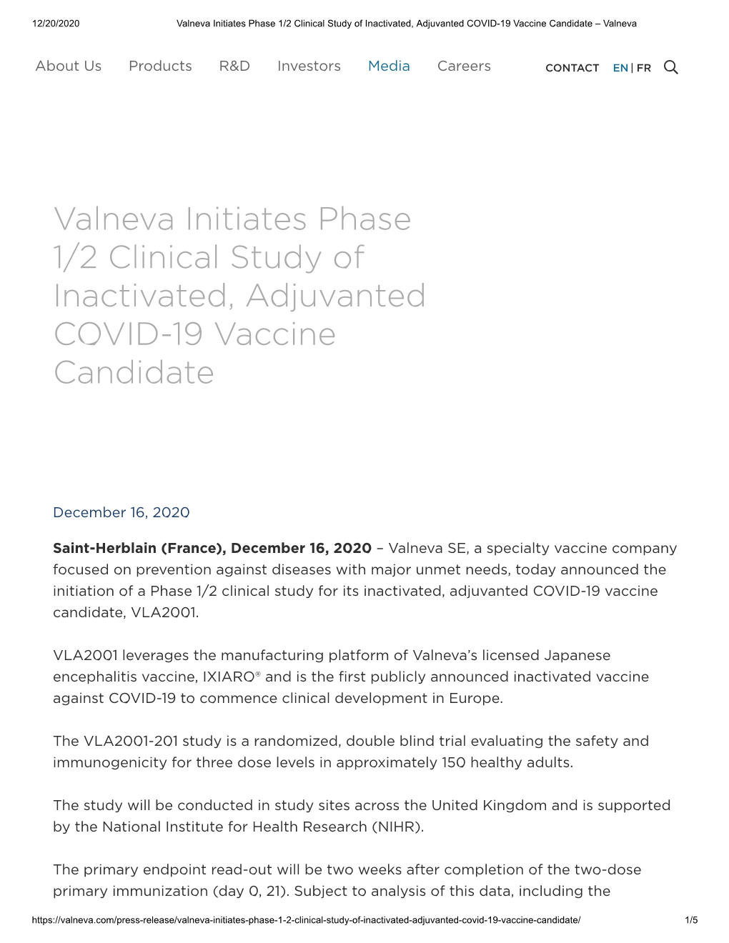 Valneva Initiates Phase 1/2 Clinical Study of Inactivated, Adjuvanted COVID-19 Vaccine Candidate – Valneva