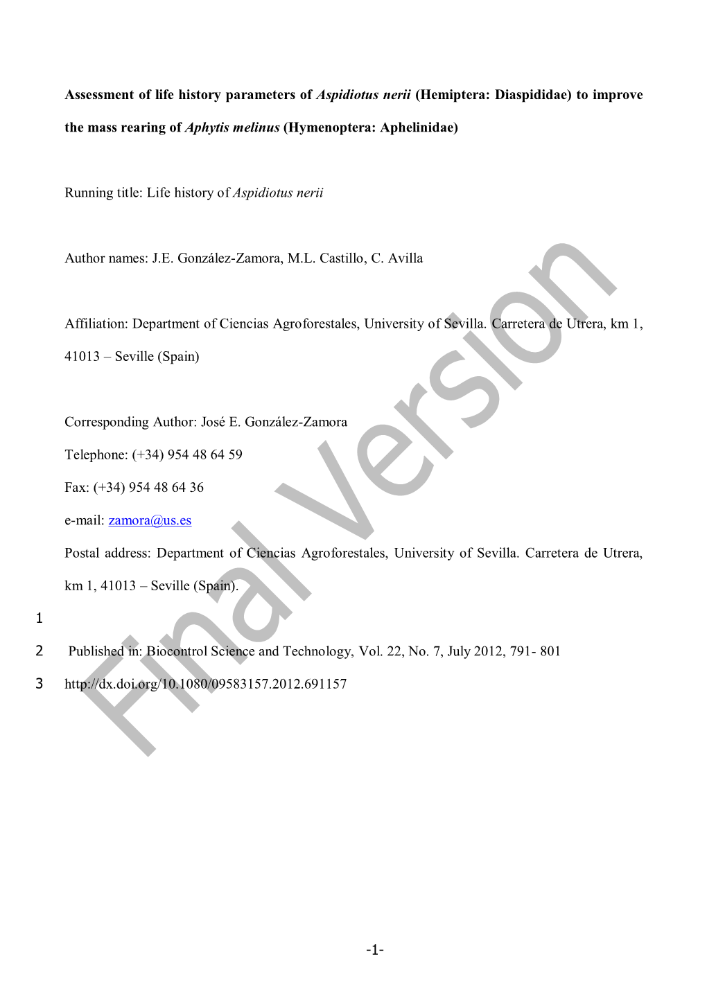 A Biological Study of Aspidiotus Nerii Bouché Conducted to Improve The