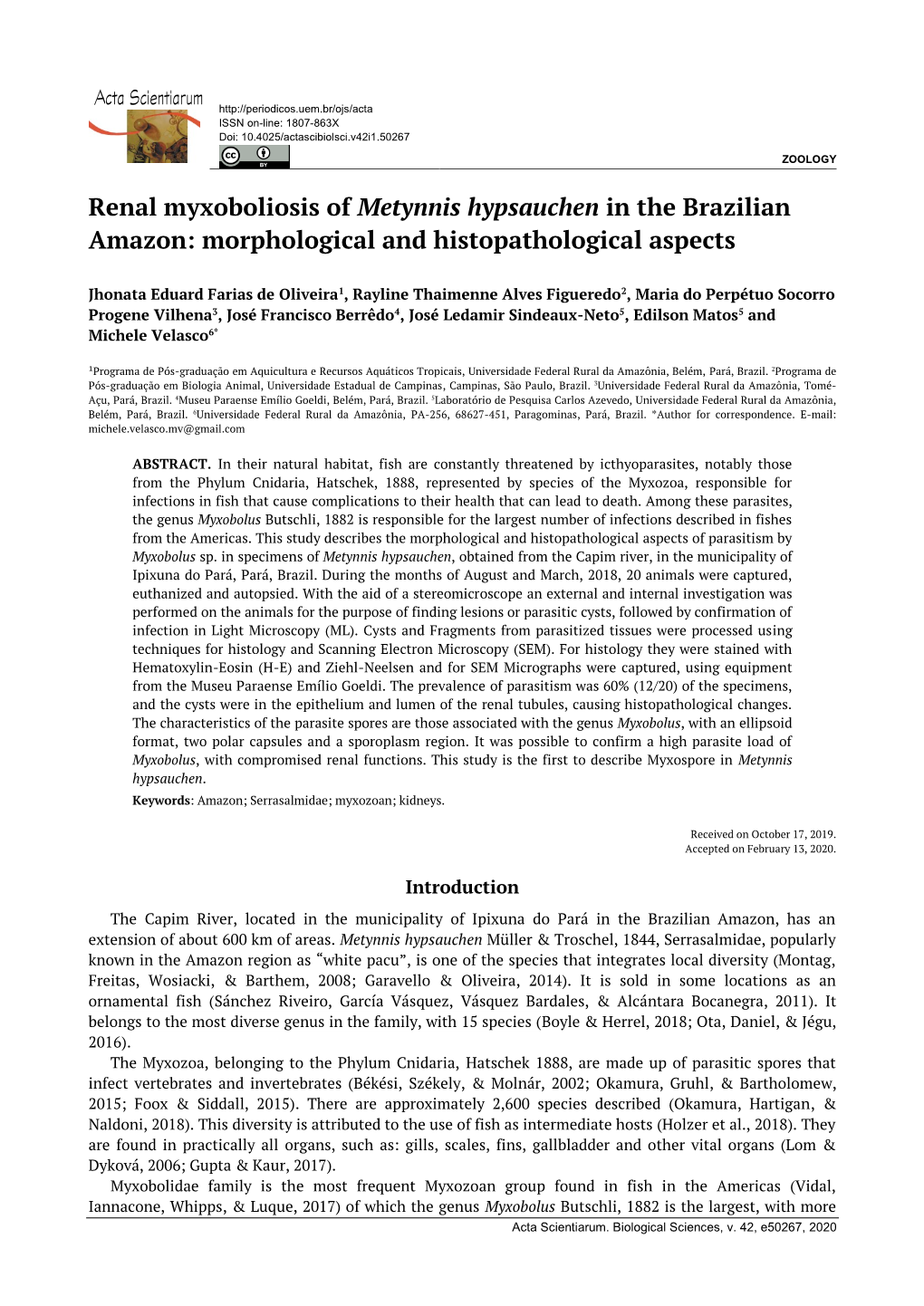Renal Myxoboliosis of Metynnis Hypsauchen in the Brazilian Amazon: Morphological and Histopathological Aspects