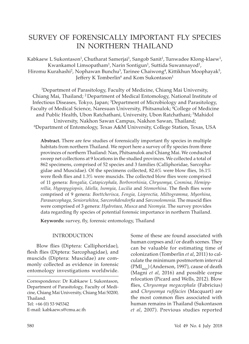 Survey of Forensically Important Fly Species in Northern Thailand