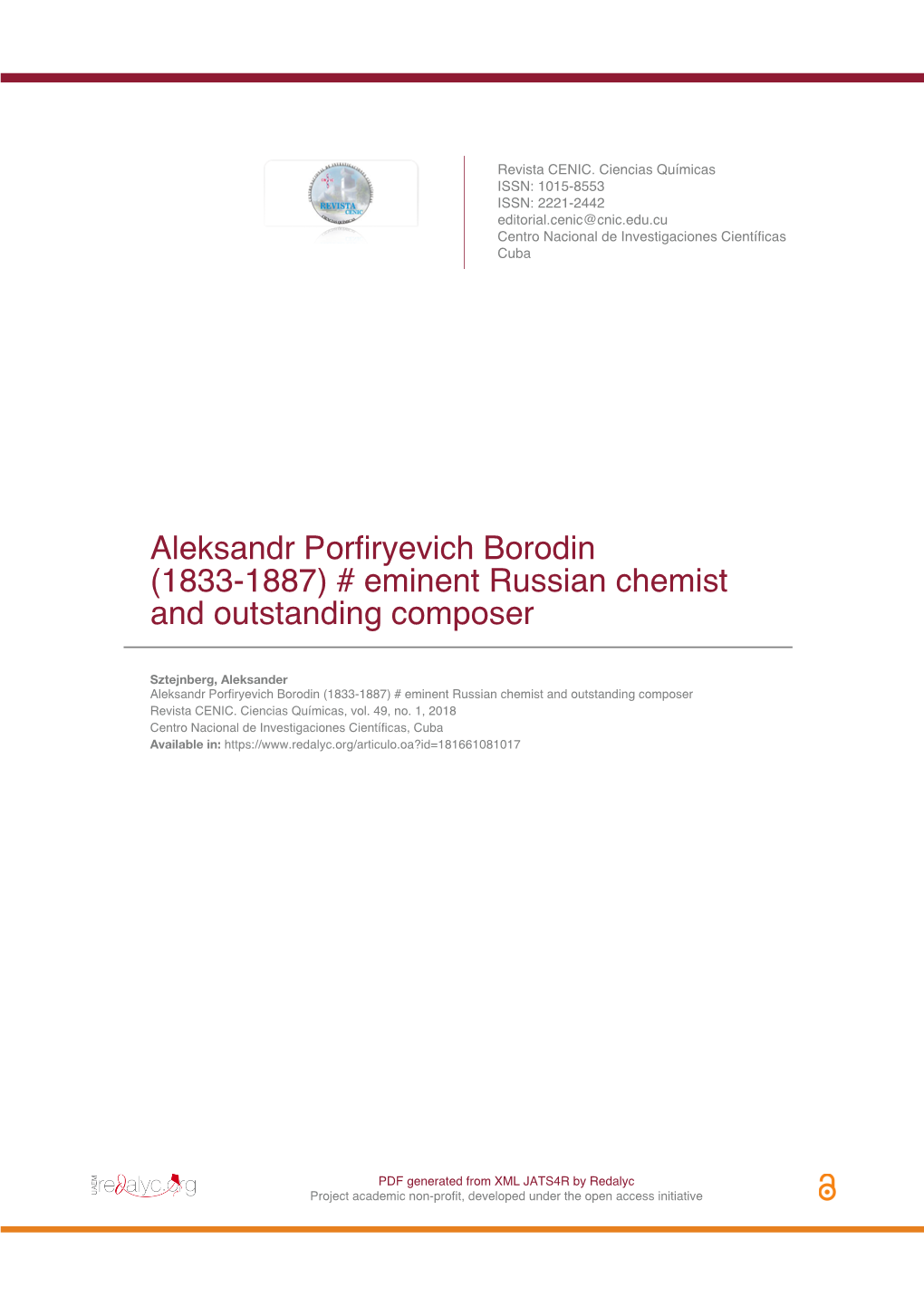 Aleksandr Porfiryevich Borodin (1833-1887) ‒ Eminent Russian Chemist and Outstanding Composer