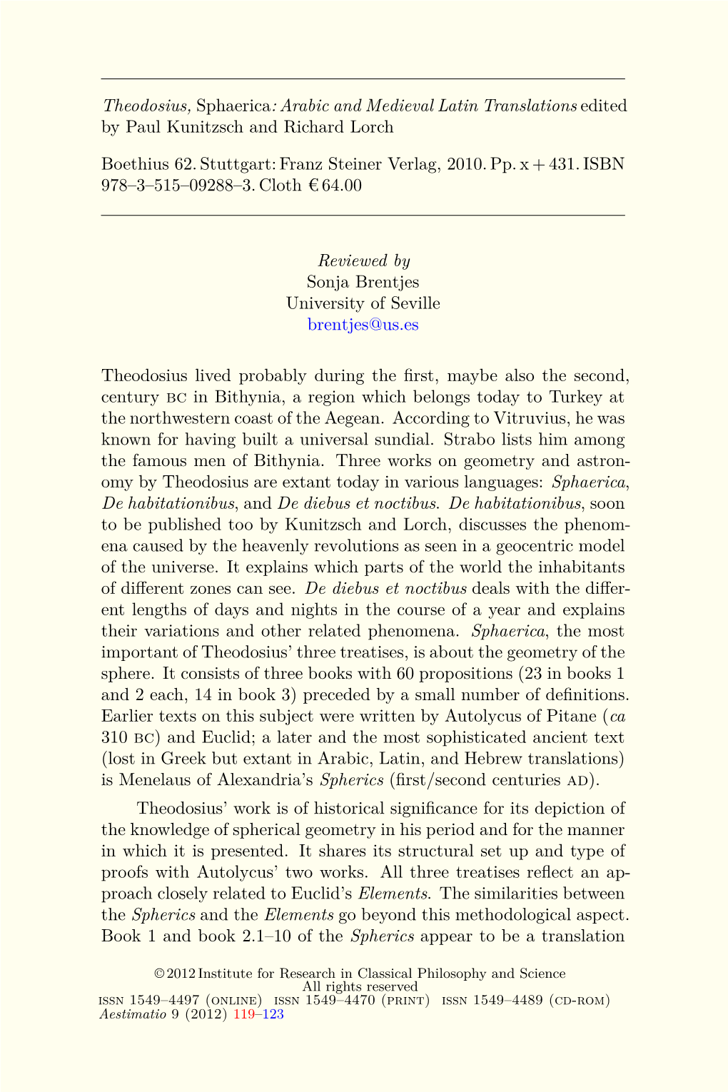 Theodosius, Sphaerica: Arabic and Medieval Latin Translations Edited by Paul Kunitzsch and Richard Lorch