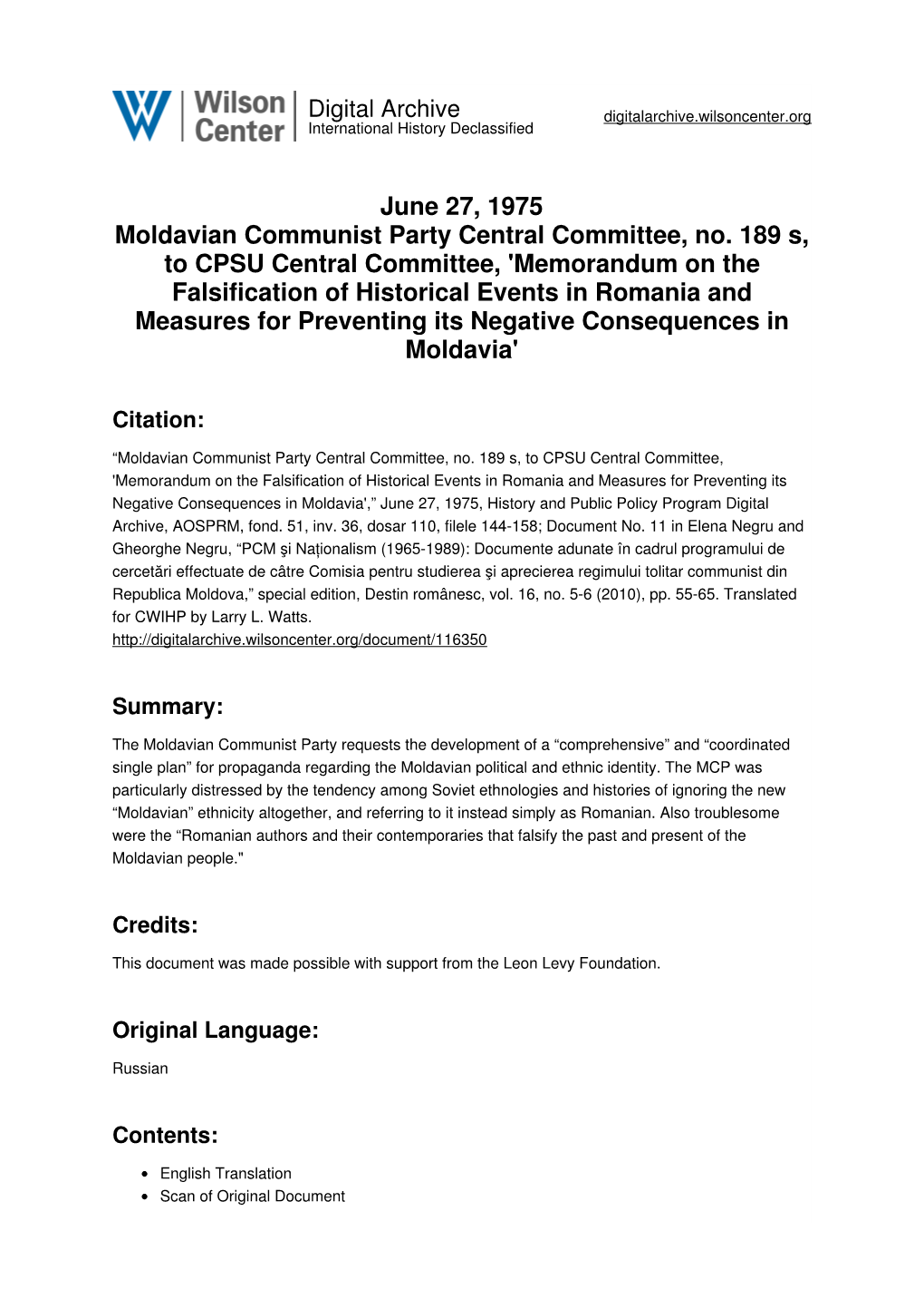 Memorandum on the Falsification of Historical Events in Romania and Measures for Preventing Its Negative Consequences in Moldavia'