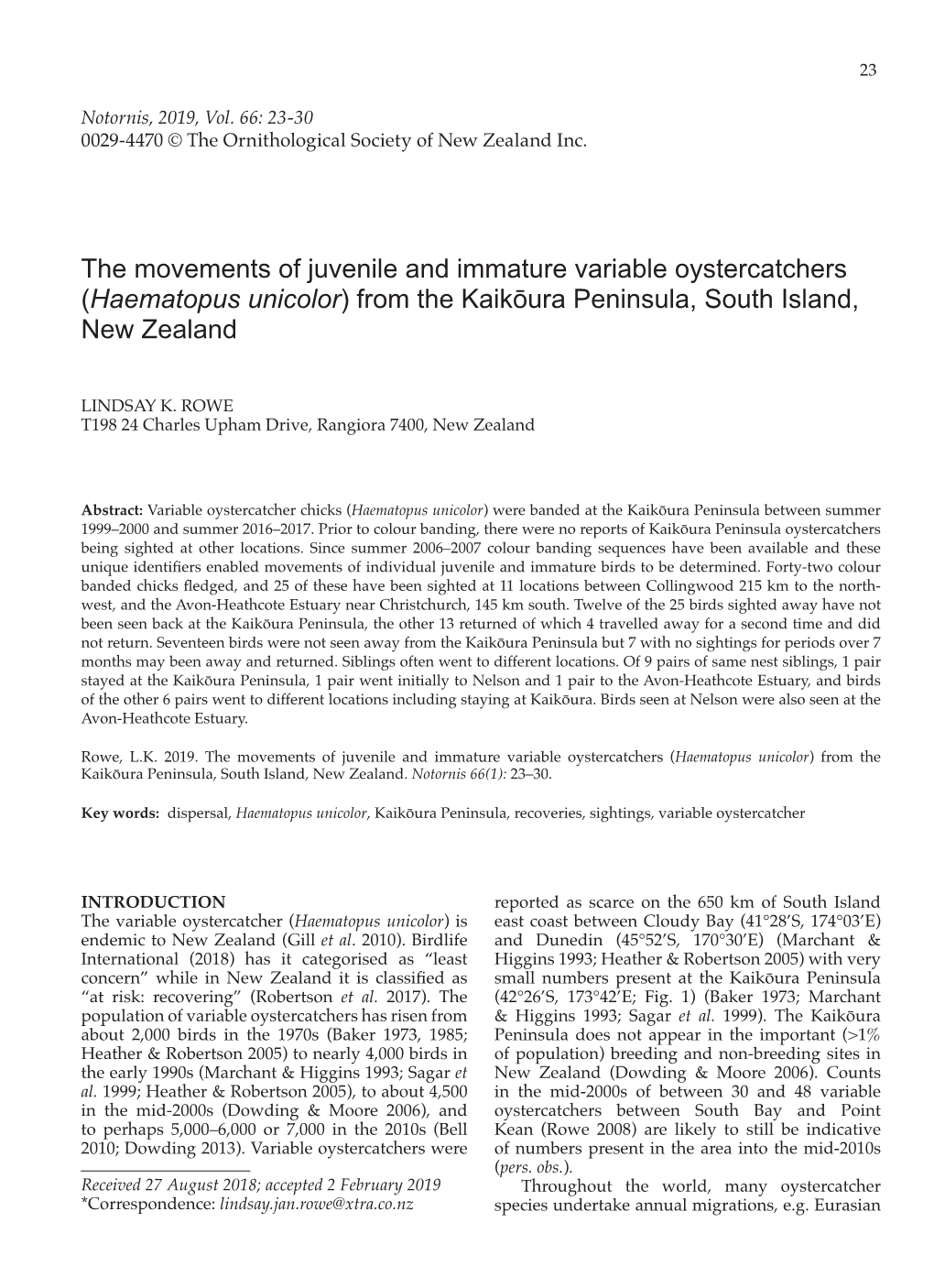 The Movements of Juvenile and Immature Variable Oystercatchers (Haematopus Unicolor) from the Kaikōura Peninsula, South Island, New Zealand