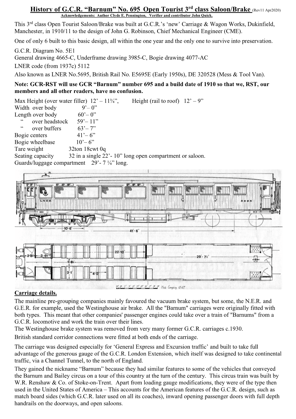 History of G.C.R. “Barnum” No. 695 Open Tourist 3 Rd Class Saloon