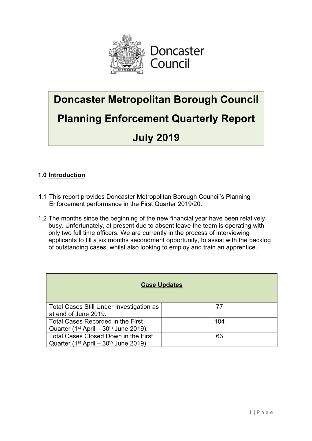 Doncaster Metropolitan Borough Council Planning Enforcement Quarterly Report July 2019