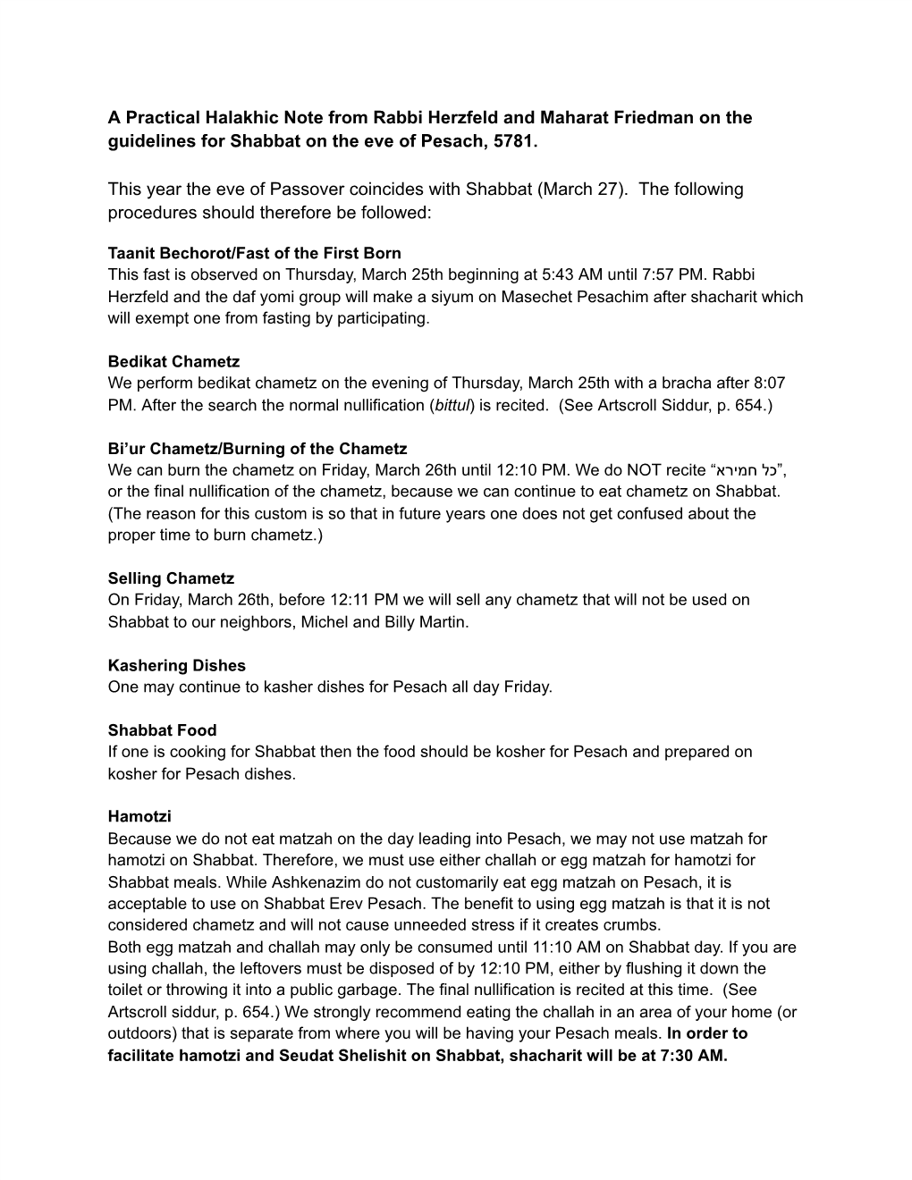 A Practical Halakhic Note from Rabbi Herzfeld and Maharat Friedman on the Guidelines for Shabbat on the Eve of Pesach, 5781