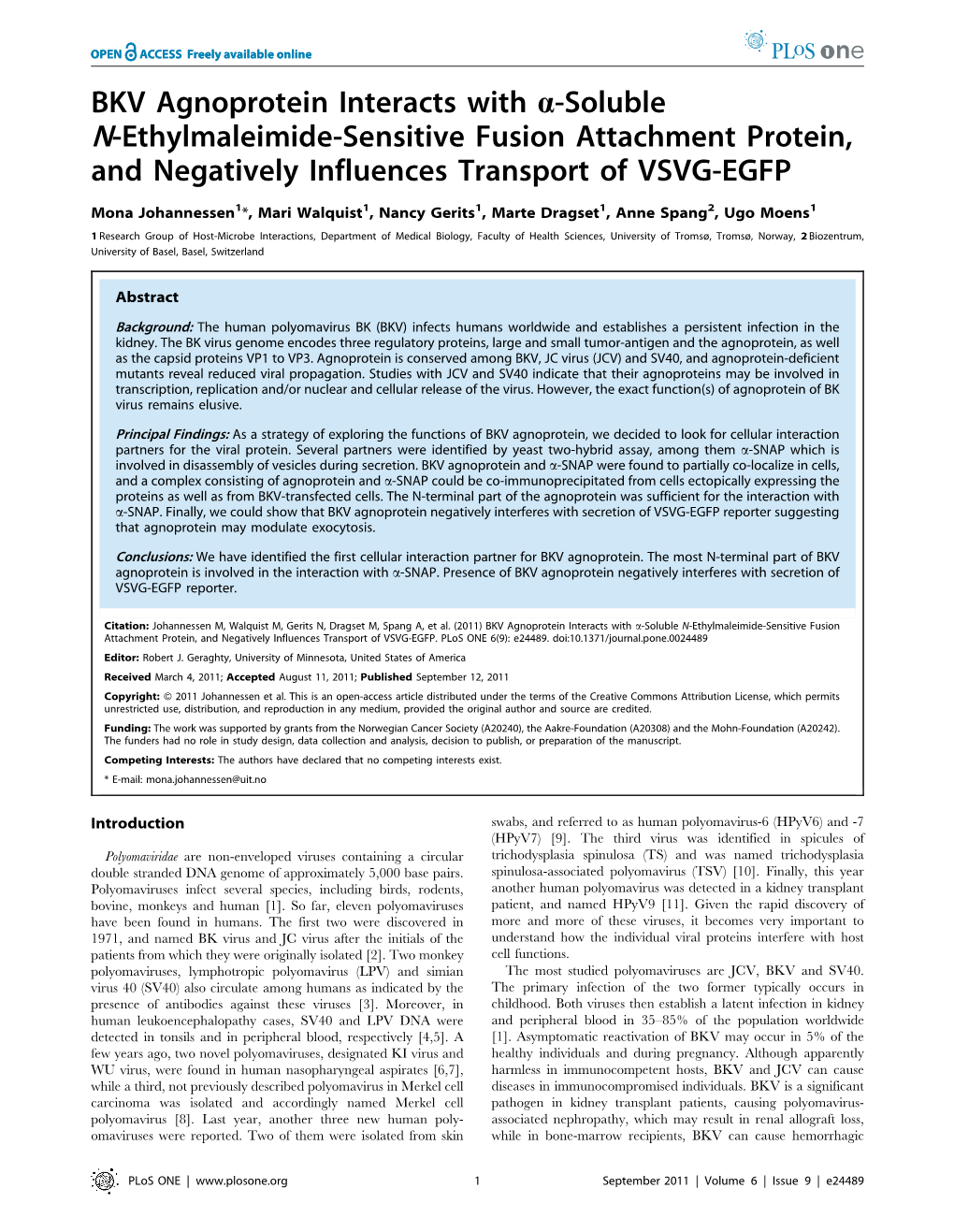 BKV Agnoprotein Interacts with A-Soluble N-Ethylmaleimide-Sensitive Fusion Attachment Protein, and Negatively Influences Transport of VSVG-EGFP