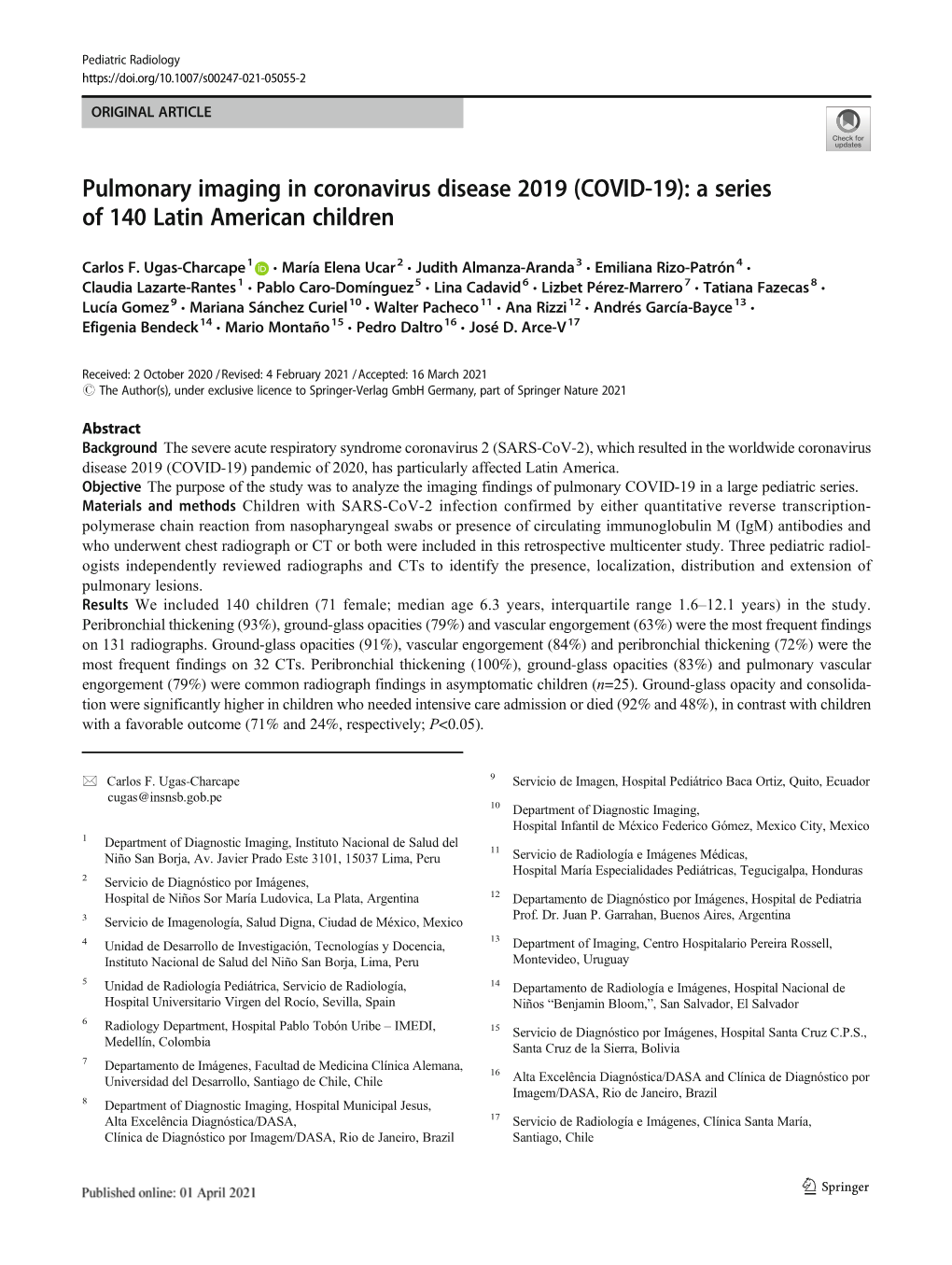 Pulmonary Imaging in Coronavirus Disease 2019 (COVID-19): a Series of 140 Latin American Children